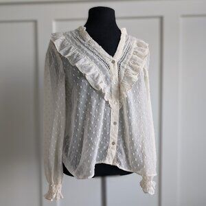 Zara Ruffled Swiss Dot Semi-Sheer Blouse | Cream/Off-White | Size M | Like New